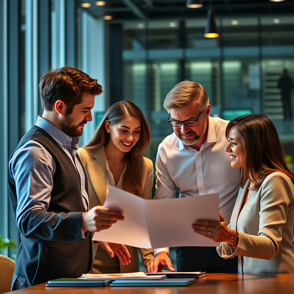 Professional investment team collaborating on financial strategies and market analysis