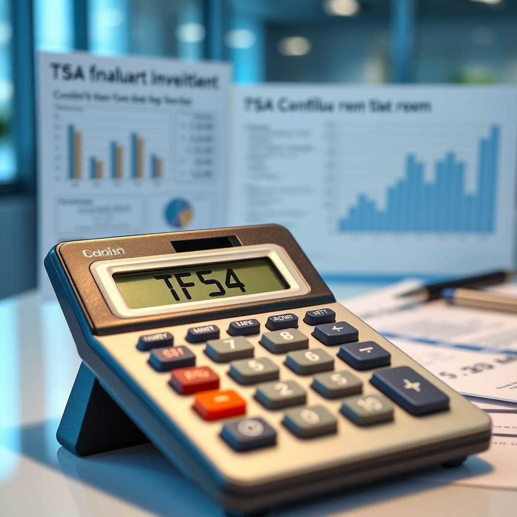 Professional financial calculator displaying TFSA contribution room calculations with Canadian tax documents and investment charts in the background, modern office setting with blue and white color scheme