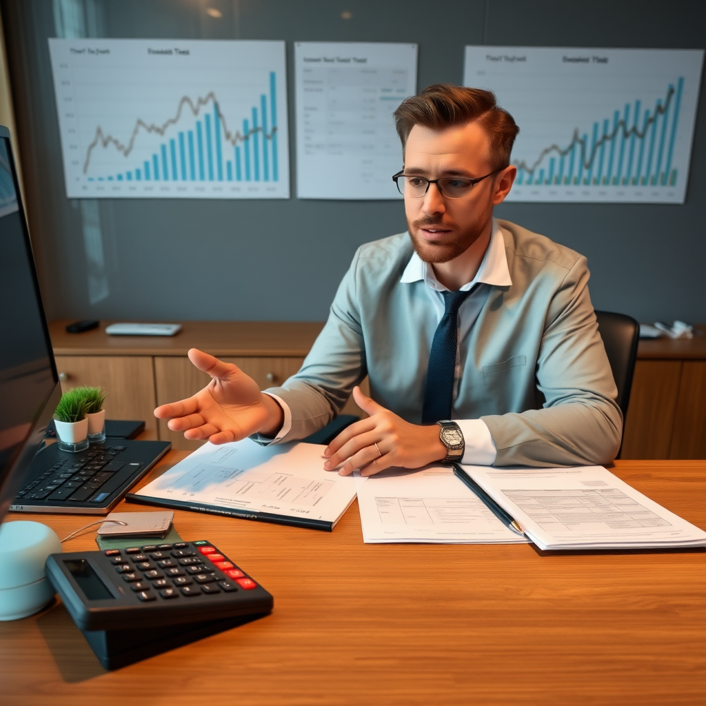 Professional financial advisor explaining TFSA contribution limits with calculator and Canadian tax documents on a modern desk, charts showing investment growth in background