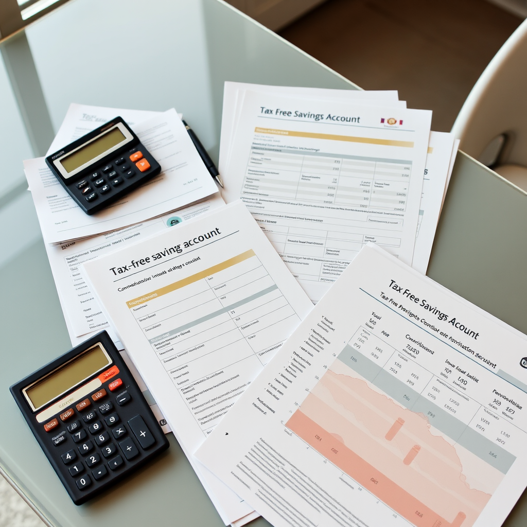 Tax-Free Savings Account calculator with Canadian tax documents, contribution limit charts, and investment portfolio statements spread on a modern desk