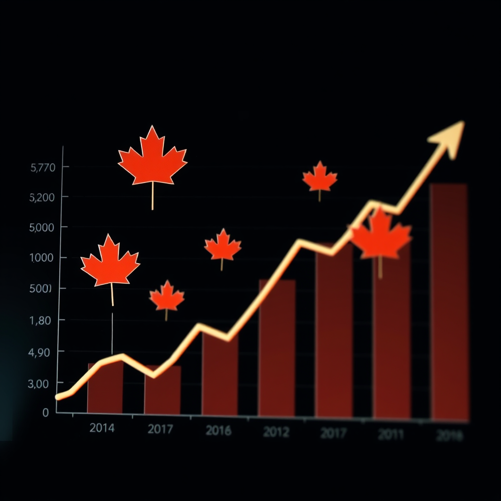 Professional financial chart showing Canadian dividend stock performance with maple leaf symbols and upward trending graphs representing passive income growth