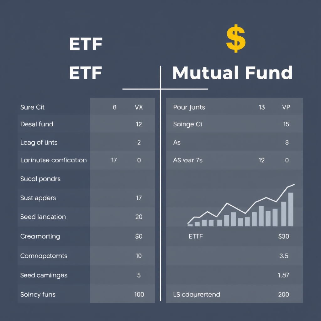Professional comparison chart showing ETF and mutual fund characteristics side by side with Canadian dollar symbols and investment graphs