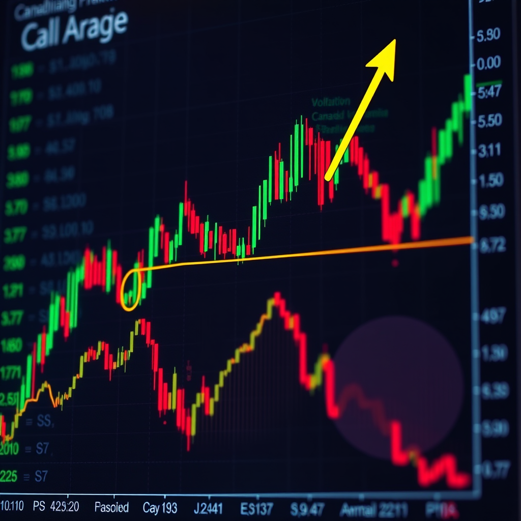 Canadian stock market charts displaying volatility patterns with risk management symbols and portfolio diversification graphics overlaid on financial data