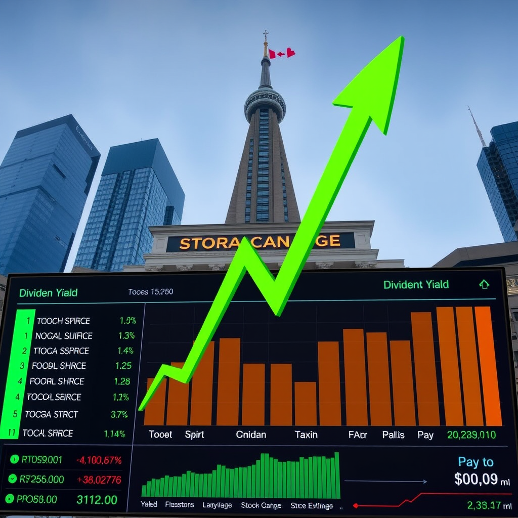 Canadian stock market dashboard showing dividend-paying companies with rising dividend yield charts, Toronto Stock Exchange building in background, green growth arrows and financial data displays
