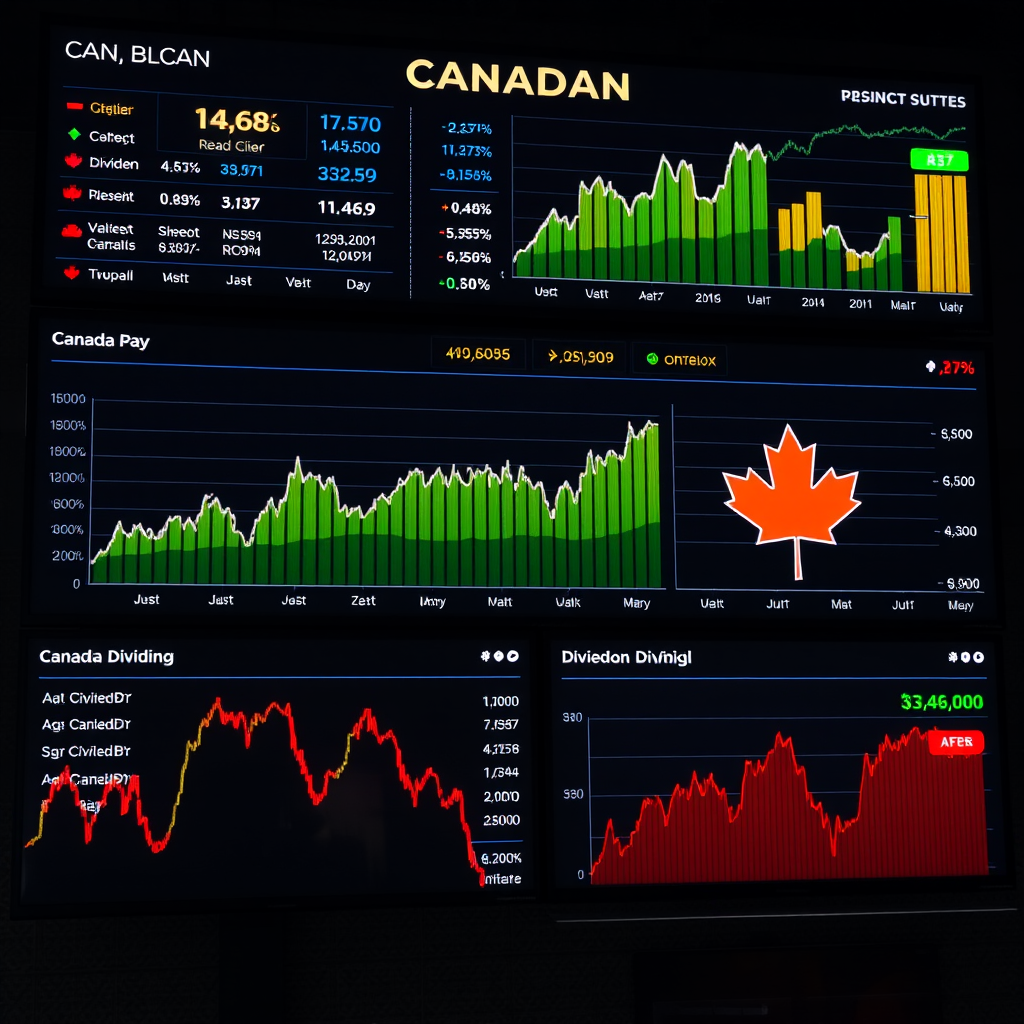 Canadian stock market dashboard showing dividend-paying companies with rising dividend charts, maple leaf symbols, and portfolio performance metrics on multiple screens