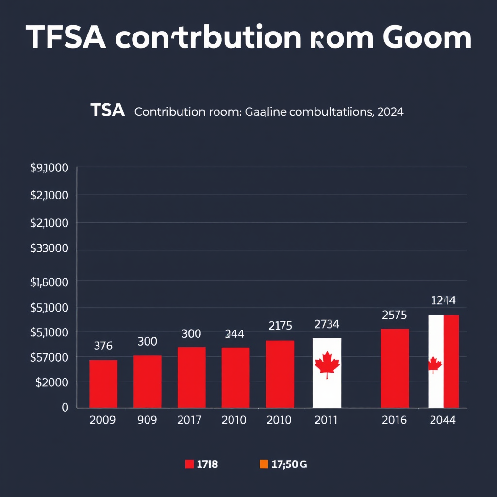 Bar chart showing TFSA contribution room growth from 2009 to 2024, displaying annual limits and cumulative totals with Canadian flag colors