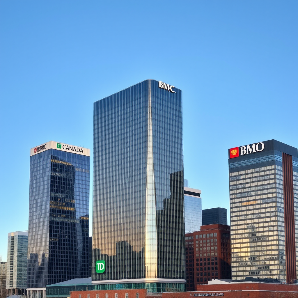 Modern Canadian bank headquarters buildings with financial district skyline showing major banks like RBC, TD, and BMO representing dividend stability