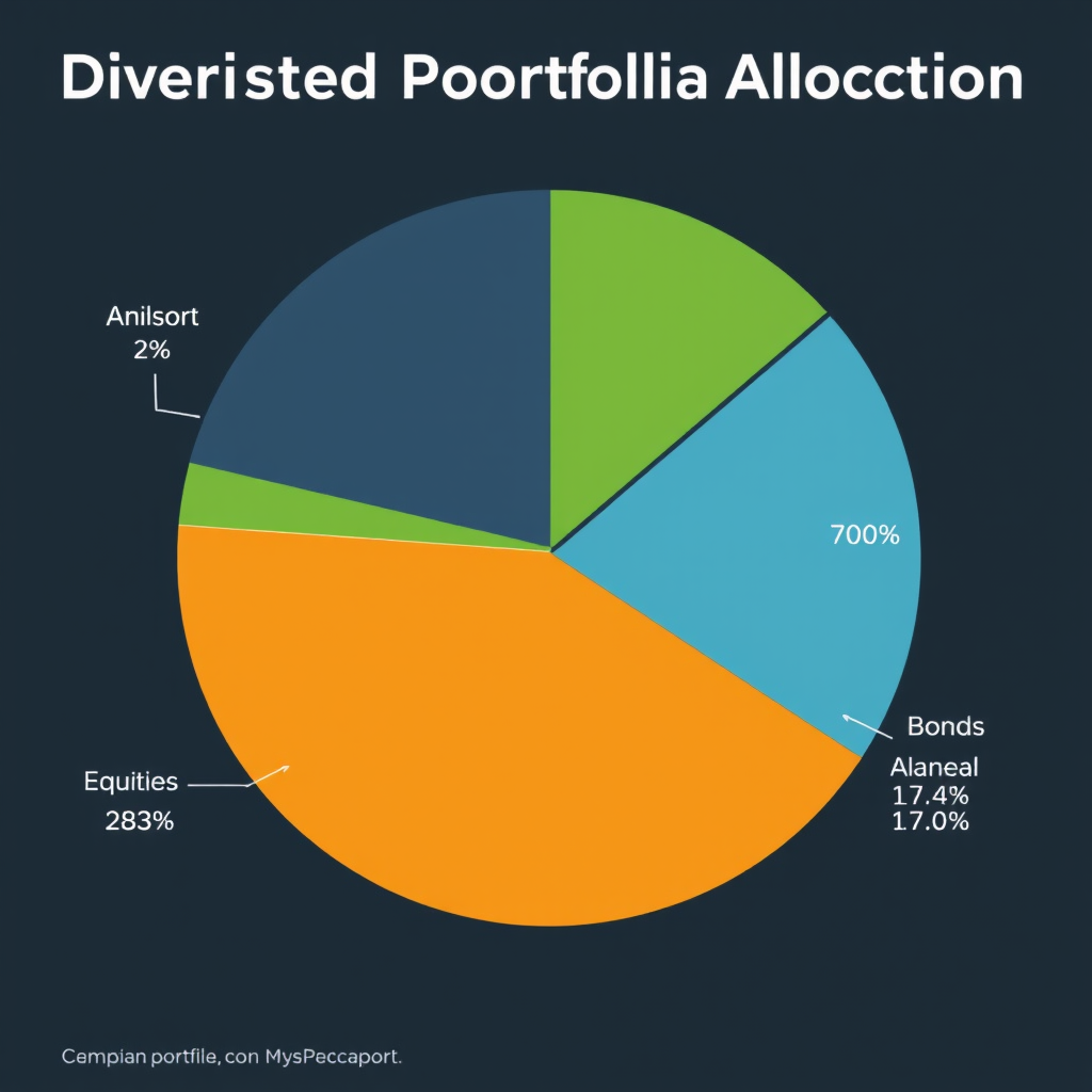 Pie chart showing diversified portfolio allocation between Canadian equities, international stocks, bonds, and alternative investments with percentage breakdowns