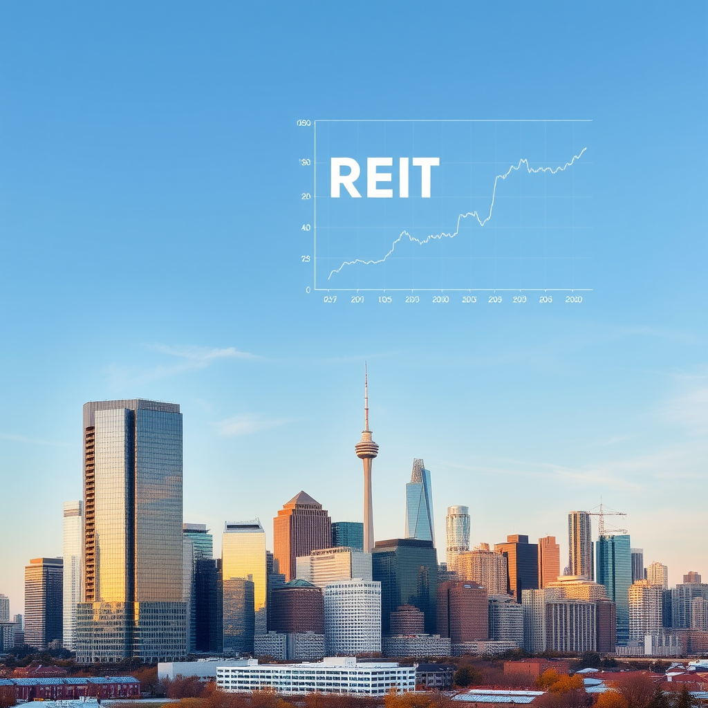 Modern Canadian commercial real estate skyline with office buildings and residential towers, REIT investment portfolio charts overlaying the cityscape, professional real estate investment analysis graphics