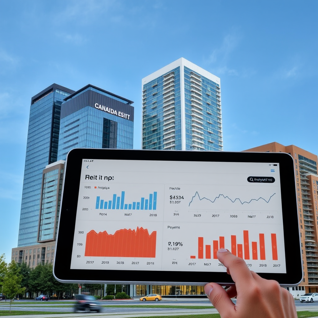 Modern Canadian commercial real estate buildings and residential complexes with REIT investment charts and property value analytics displayed on tablet screen