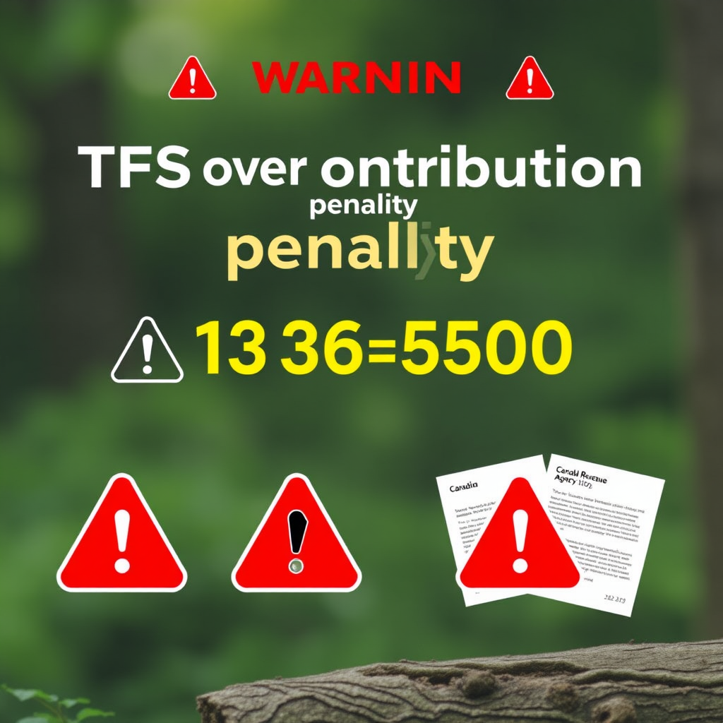 Warning graphic showing TFSA over-contribution penalty calculation with red warning symbols and Canadian Revenue Agency documentation