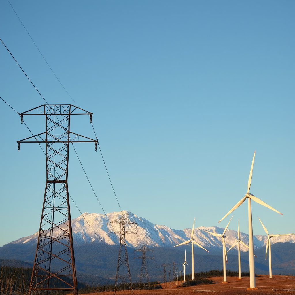 Canadian electrical power transmission lines and wind turbines against mountain backdrop representing reliable utility dividend income and renewable energy transition