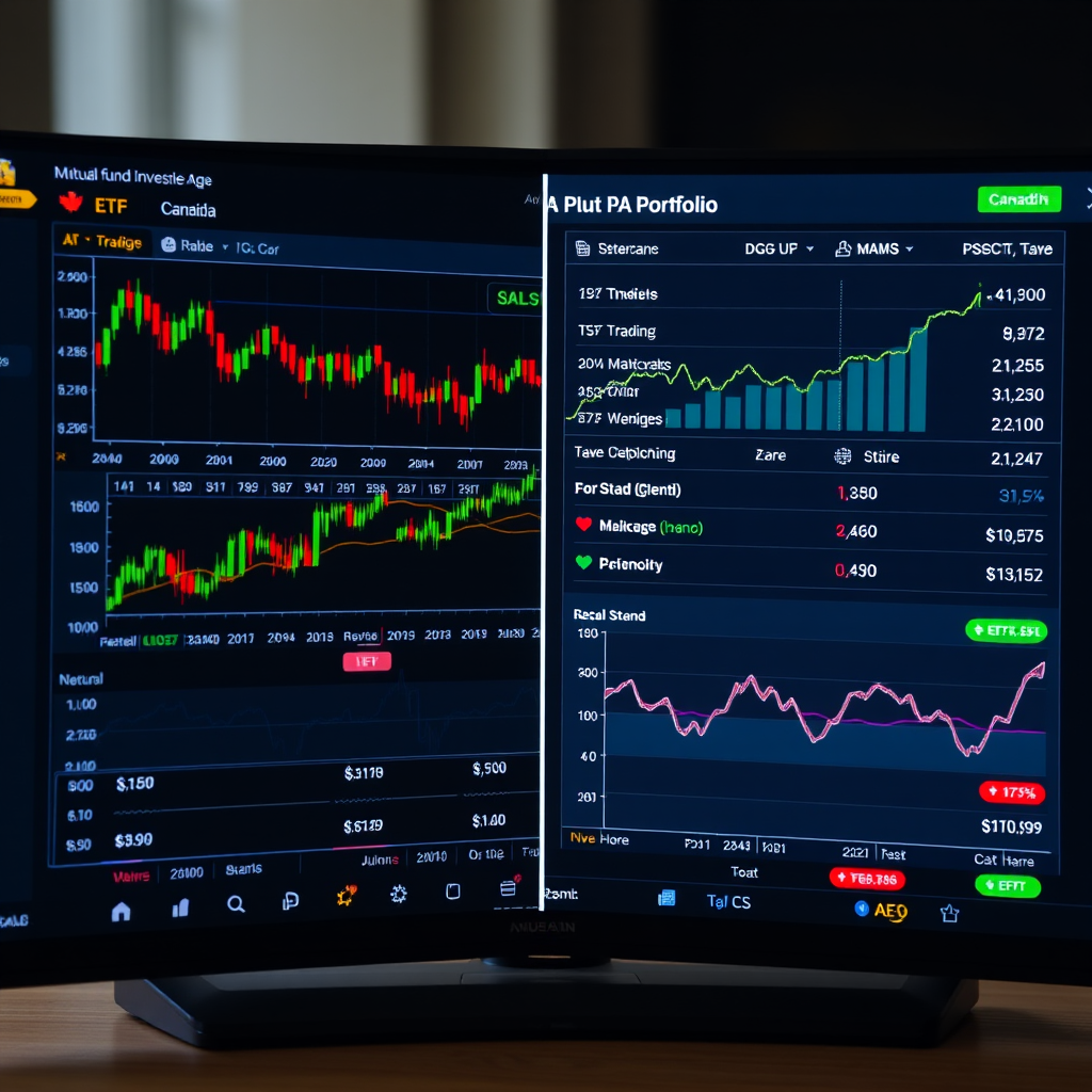 Split screen comparison showing ETF trading interface on one side and mutual fund portfolio on the other, with Canadian investment symbols and performance comparison charts