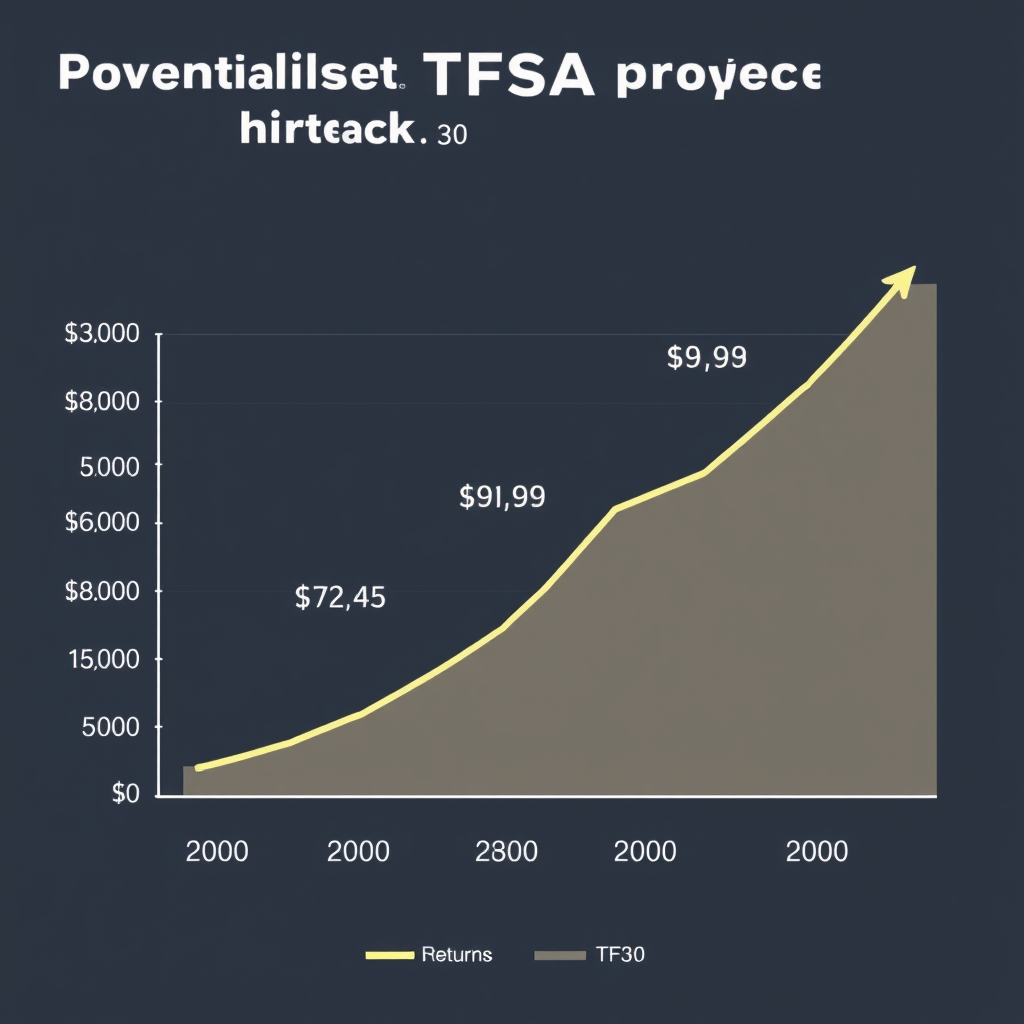 Growth projection chart showing potential TFSA value over 20-30 years with different contribution and return scenarios, featuring upward trending lines and Canadian investment symbols
