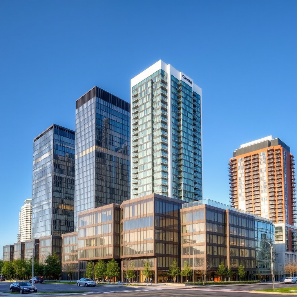 Modern Canadian commercial and residential real estate properties including office towers, shopping centers, and apartment buildings representing REIT dividend opportunities