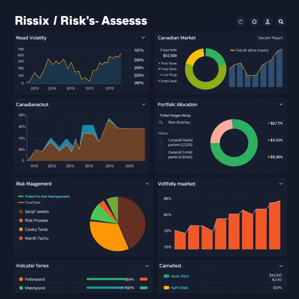 Financial risk assessment dashboard with volatility charts, portfolio allocation pie charts, and Canadian market indicators showing risk management strategies in action