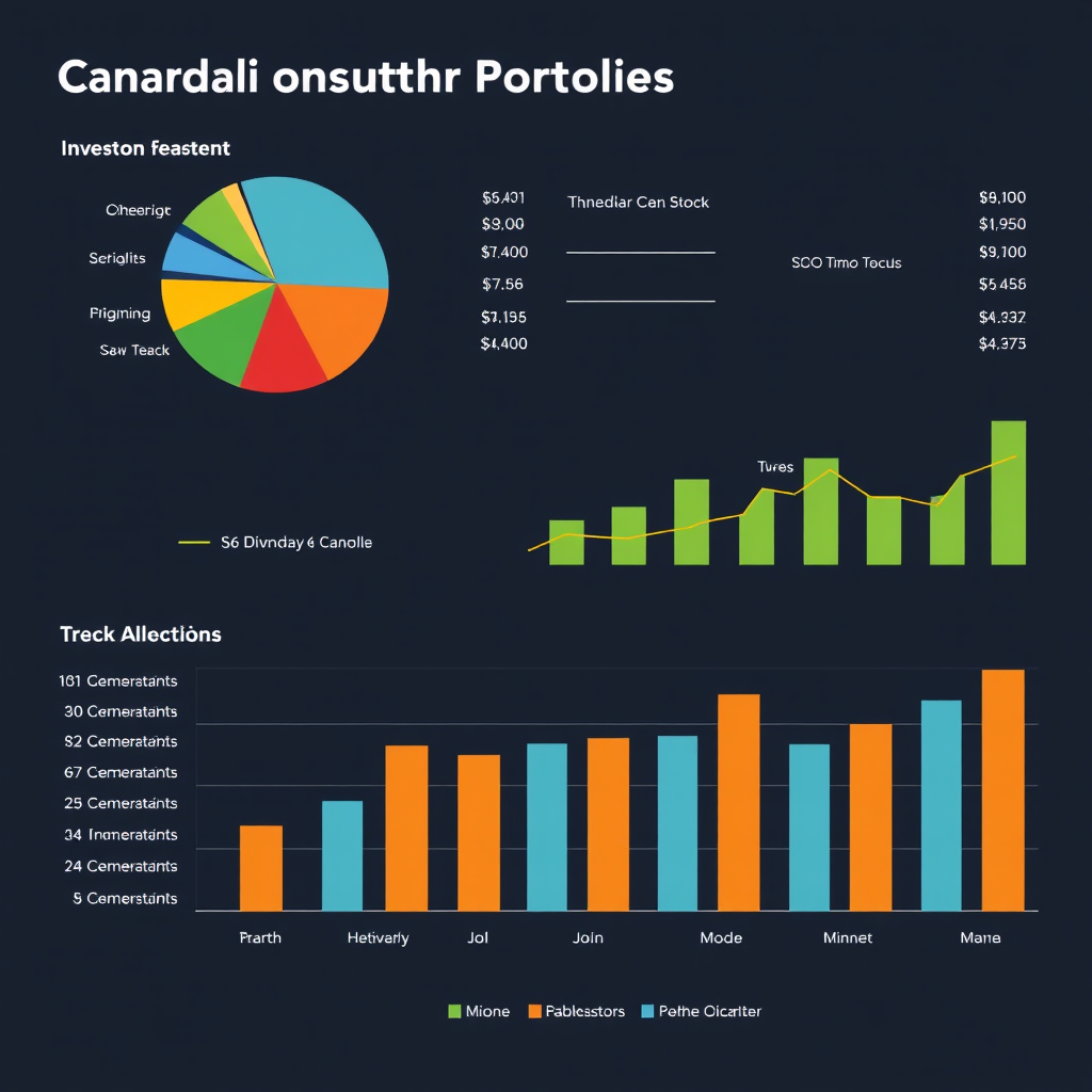 Professional investment portfolio visualization showing pie charts and bar graphs representing diversified Canadian dividend stock allocation across sectors