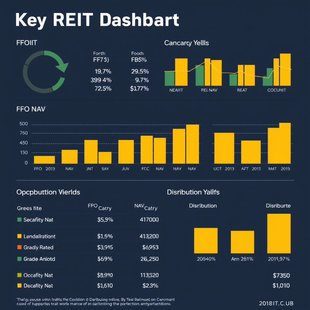 Financial dashboard showing key REIT performance indicators including FFO, NAV, occupancy rates, and distribution yields for Canadian real estate investment trusts