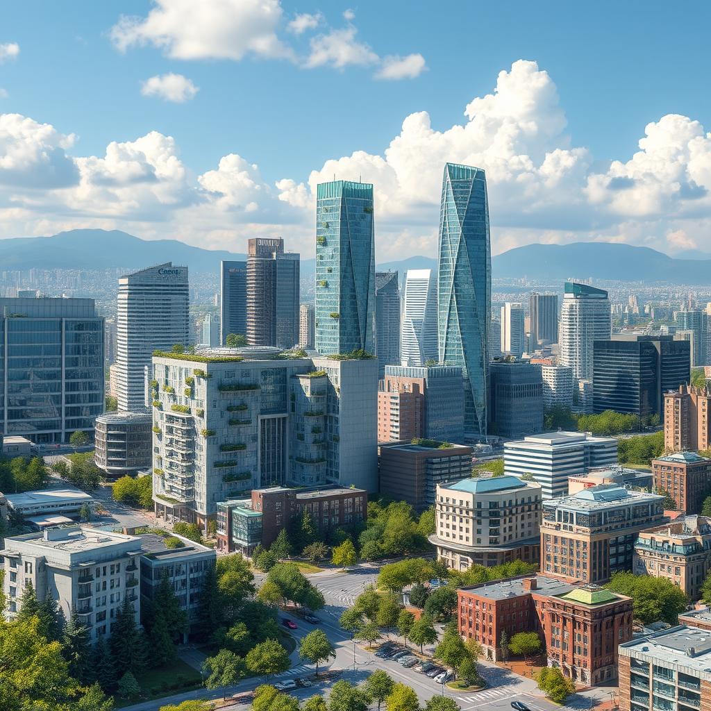 Futuristic Canadian cityscape with sustainable buildings and mixed-use developments representing the evolution of REIT investment opportunities